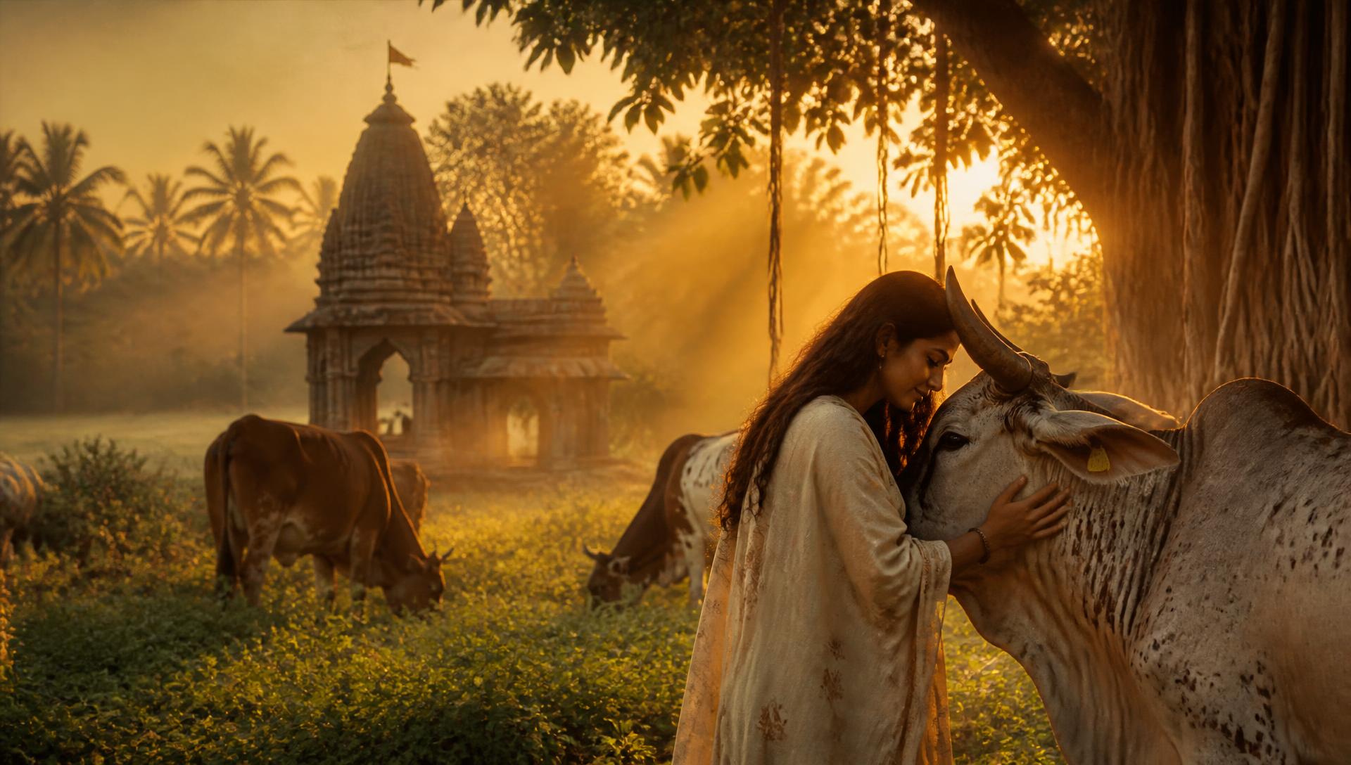 Sunrise over Ananda Brundavanam with Gir cows grazing beside the temple